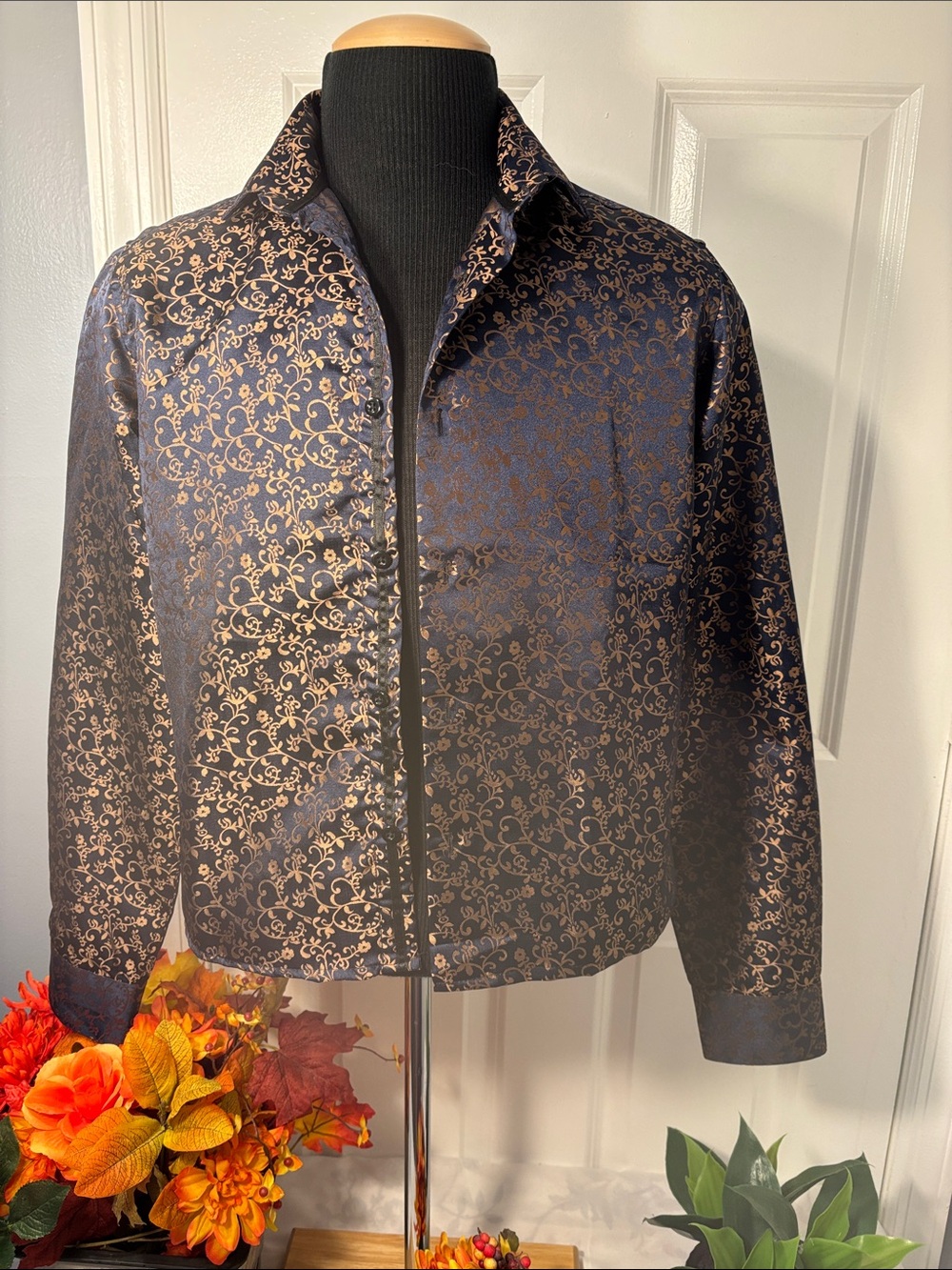 Barry Wang Men’s Medium Navy Gold Floral Dress Shirt Silk Blend